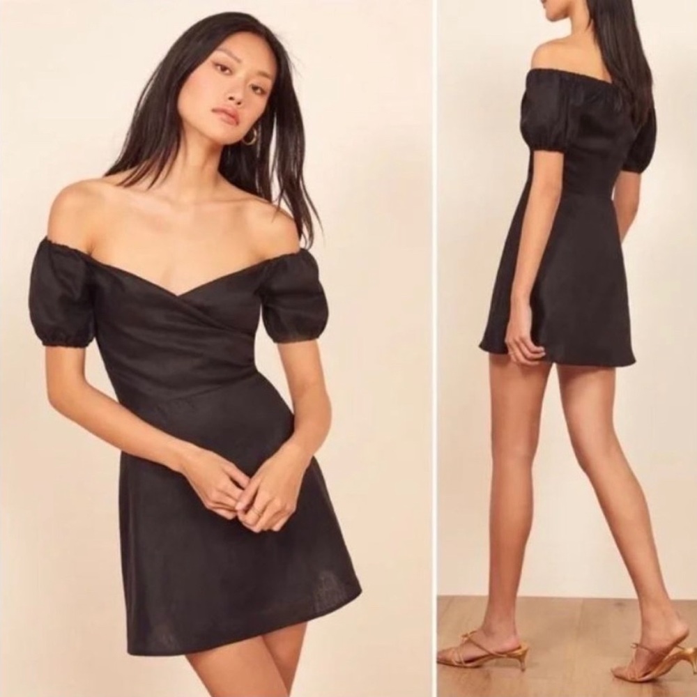 Reformation Bowie Linen Puff Sleeve Dress in Black Size 4